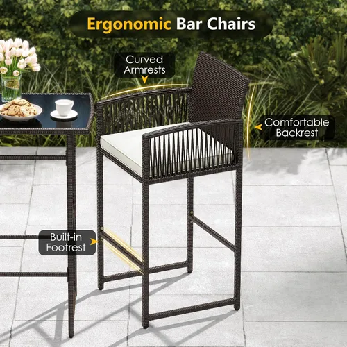 Miniatura 6 de Tangkula Juego de barra de patio de 3 piezas, mesa de metal de altura de barra de mimbre para exteriores de servicio pesado y sillones con cojines