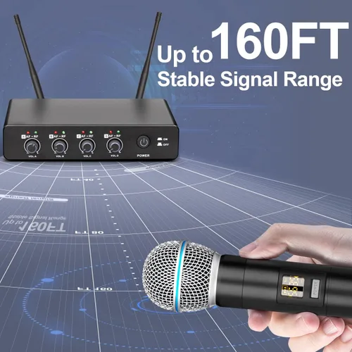Miniatura 2 de Depusheng R4 - Micrófonos inalámbricos para karaoke profesional, 4 canales, sistema de micrófono inalámbrico de mano, micrófono dinámico de metal