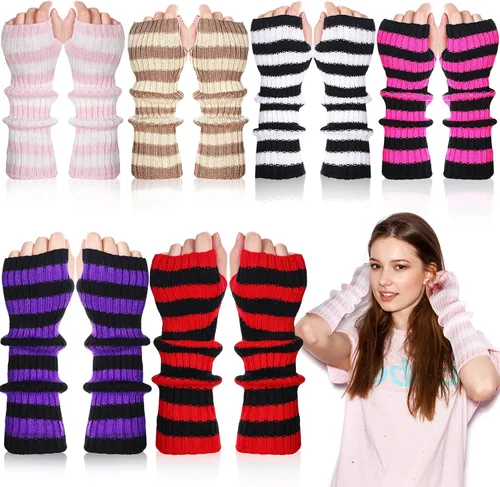 Miniatura 17 de Berlune 6 pares de mangas de brazo kawaii para mujer y niñas, calentadores de brazos de estilo japonés Y2K para disfraz escolar, 6