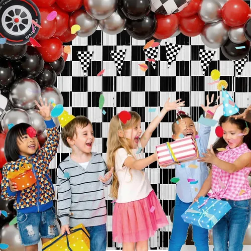 Miniatura 4 de Decoraciones de cumpleaños de coches, 2 cortinas de flecos de aluminio de carreras y 1 paquete de pancarta de bandera a cuadros para accesorios