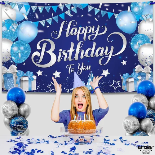 Miniatura 7 de KatchOn, Cartel de feliz cumpleaños plateado y azul, extragrande, 72 x 44 pulgadas, pancarta de fondo para decoraciones de feliz cumpleaños