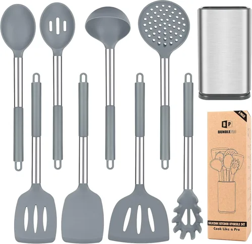 Juego de utensilios de cocina de silicona, 8 piezas antiadherentes con mango de acero inoxidable, herramientas de cocina resistentes al calor sin