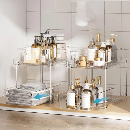 Miniatura 4 de Vtopmart - Organizadores de baño, 4 piezas, 2 niveles, transparentes, bajo el fregadero, almacenamiento para tocador o encimera, cajones