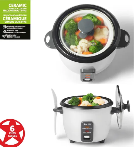 Miniatura 8 de Starfrit - Arrocera eléctrica, 6 tazas, 300 W, color blanco Cesta de vapor, taza medidora, cuchara de servicio, hace arroz perfecto