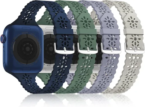Miniatura 14 de Bandiction - Paquete de 4 correas de silicona de encaje compatibles con Apple Watch de 38mm 40mm 41mm 42mm 44mm 45mm 46mm 49mm, correa delgada