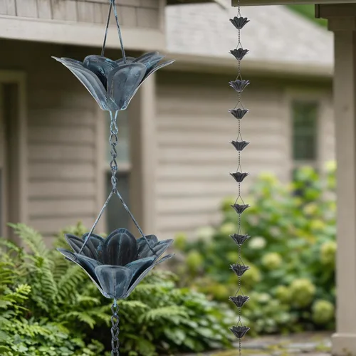 Topadorn Cadenas decorativas de 7.85 pies con 12 copas de colector de lluvia, 12 tazas gruesas de hierro para flores decorativas de jardín Metal