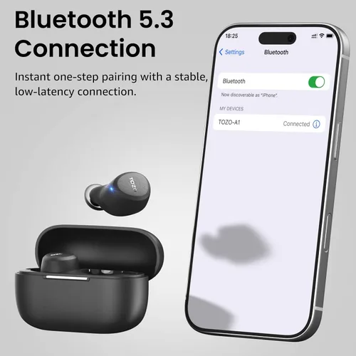Miniatura 9 de TOZO Auriculares inalámbricos A1 Bluetooth 5.3 de peso ligero en el oído IPX5 Auriculares impermeables 2 micrófonos para llamadas AI, auriculares