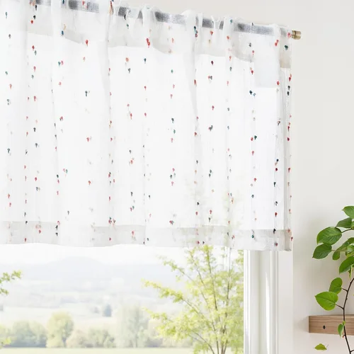 Miniatura 20 de jinchan Cortinas de cenefa para ventanas de 16 pulgadas, coloridos mini pompones, cenefa de cocina de granja, cenefa de gasa semitransparente