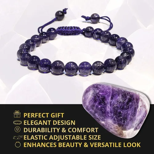 Miniatura 68 de Adjustable Crystal Bracelet – Gemstone Bead Bracelet with Adjustable Macrame String – Chic Gemstone Bracelet for Men and Women – 8mm Round Healing