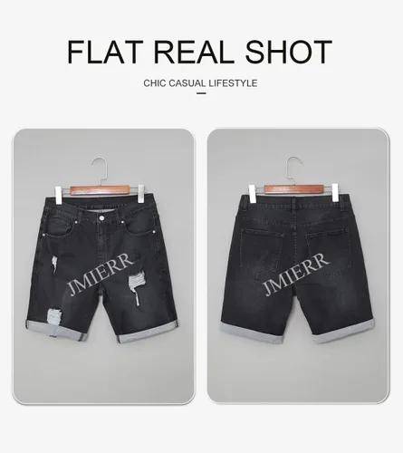 Miniatura 4 de JMIERR Pantalones cortos de mezclilla para hombre, estilo casual, elásticos, ajustados, lavados, desgastados, enrollados, rasgados, para hombre