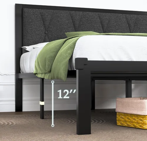 Miniatura 3 de Feonase Base de cama de metal de tamaño completo con cabecera capitoné con botones de tela, base de cama de plataforma con listones de metal