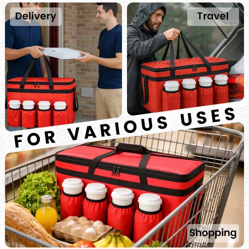Miniatura 9 de Bolsa de entrega de alimentos con aislamiento con 4 portavasos, bolsas de comestibles aisladas extra grandes para mantener los alimentos Rojo
