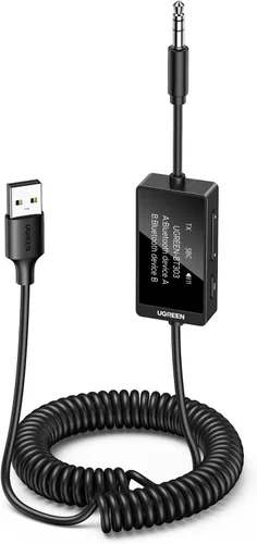 UGREEN Receptor transmisor Bluetooth 5.4, dos pares de adaptador auxiliar de audio de 0.138 in con micrófono integrado para llamadas manos libres,