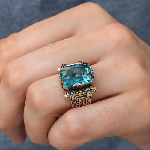 Miniatura 2 de Anillos de plata de ley 925 para hombre, anillo de aguamarina, anillos para hombre, joyería de aguamarina, anillos de sello para hombre, anillos