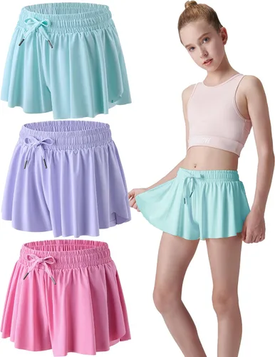 Miniatura 30 de Paquete de 3 pantalones cortos fluidos para niñas con forro de elastano, 2 en 1, faldas de mariposa para jóvenes, para fitness, correr, deportes