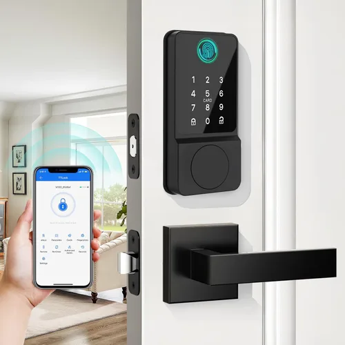Miniatura 9 de Cerradura de puerta inteligente WiFi, entrada sin llave con puerta de enlace y asas, pantalla táctil, teclado de huellas dactilares, llave
