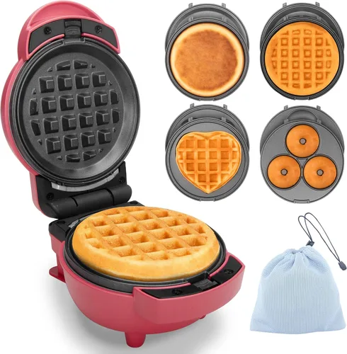 Baker's Friend Mini waflera 4 en 1 con platos extraíbles, el juego incluye mini panqueques, rosquillas, wafleras en forma de corazón, tamaño