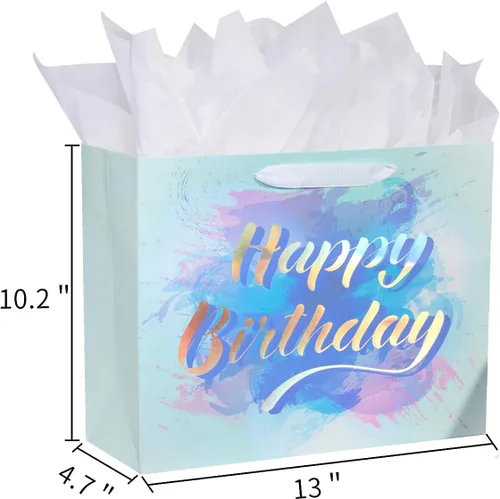 Miniatura 6 de SUNCOLOR Juego de bolsas de regalo de cumpleaños grandes, 13 x 10.2 x 4.7 pulgadas, diseño de acuarela azul con papel de seda blanco, tarjeta