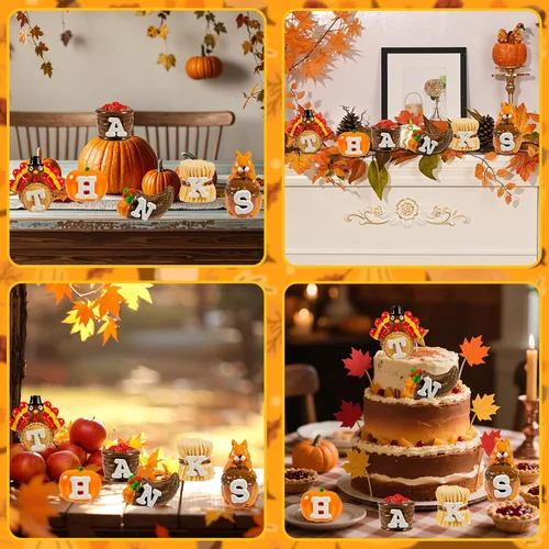 Miniatura 8 de Bbiamsleep Centro de mesa de Acción de Gracias, calabaza, pavo, juego de 6 figuras de resina de otoño pintadas a mano con grabado de agradecimiento