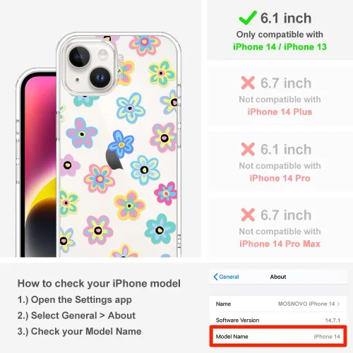 Miniatura 2 de MOSNOVO Funda para iPhone 13/14, grado militar, probada en caídas de 6.6 pies, transparente con diseño de flores geniales Transparente - Groovy