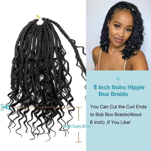 Miniatura 3 de Trenzas Goddess Box de Cabello de Ganchillo con Extremos Rizados 8 Pulgadas Trenzas de Caja Bohemias Trenzas de Ganchillo 8 Paquetes 3X Trenzas de 1b