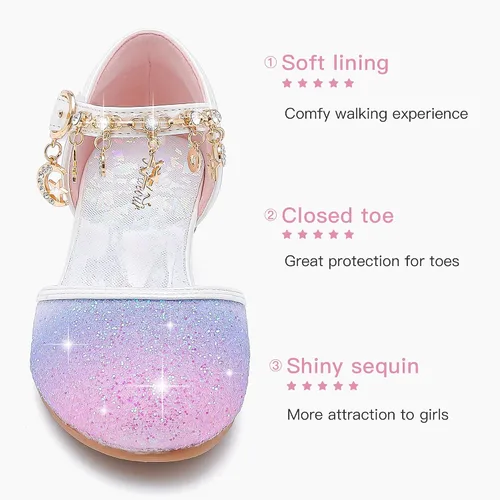 Miniatura 4 de Furdeour Sandalias para niñas con lazo brillante, zapatos de vestir de princesa con tacones altos de cristal, para fiestas, bodas, flores, zapatos