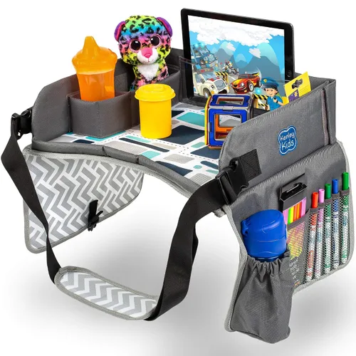 Kenley Kids Bandeja de viaje, bandeja de regazo para asiento de automóvil para niños pequeños, mesa de actividades esenciales para viajes por Azul/