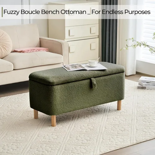 Miniatura 8 de Banco otomano de almacenamiento Boucle para dormitorio al pie de la cama, asiento tapizado en sherpa con almacenamiento para zapatos para entrada