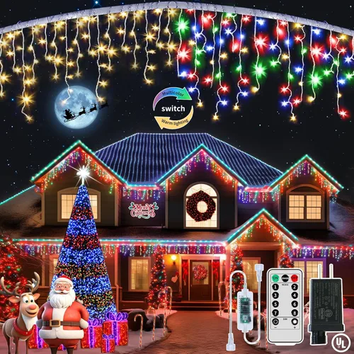 Luces de carámbano de Navidad impermeables - Multi Color 65 pies 506 luces LED para decoraciones exteriores con control remoto, luces de carámbano