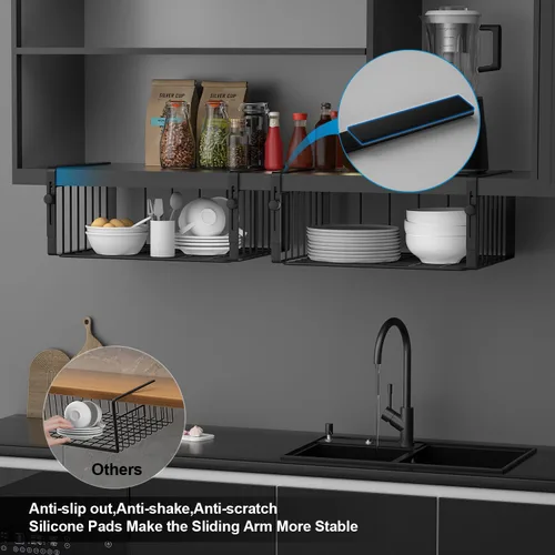 Miniatura 5 de AmonHouseware Paquete de 2 Organizadores de Canasta Bajo Estante, Soporte Colgante Ajustable de Almacenamiento para Gabinete Despensa Cocina Alacena