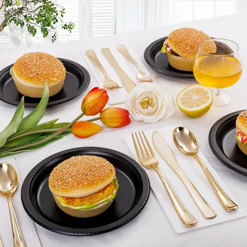 Miniatura 4 de WELLIFE Platos de postre negros de 7 pulgadas, 150 unidades, platos de postre de plástico desechables para fiestas, pasteles, aperitivos, ensaladas