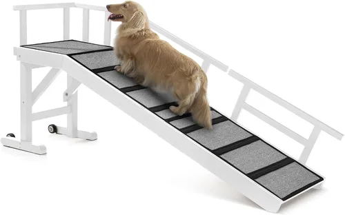 Miniatura 17 de Rampa para perros para cama o sofá, rampa de madera para mascotas con pendiente suave de 20°, rieles laterales extraíbles, superficie
