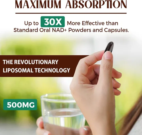 Miniatura 4 de Suplemento liposomal NAD+ de 500 mg, suplemento True NAD Plus, absorción superior, mejora el NAD+ más eficiente que la ribósido de nicotinamida