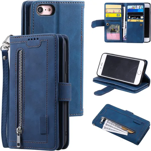 Miniatura 19 de UEEBAI Funda tipo cartera para iPhone SE 2022 5G/iPhone 7/iPhone 8/iPhone SE 2020, retro con 9 ranuras para tarjetas, bolsillo con cremallera, funda