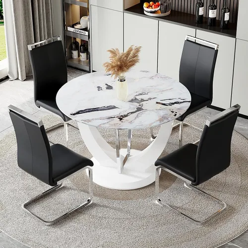 Miniatura 36 de JUFU Juego de mesa de comedor redonda para 4, mesa de comedor de 48 pulgadas con mesa de mármol sintético y 4 sillas tapizadas, moderno juego