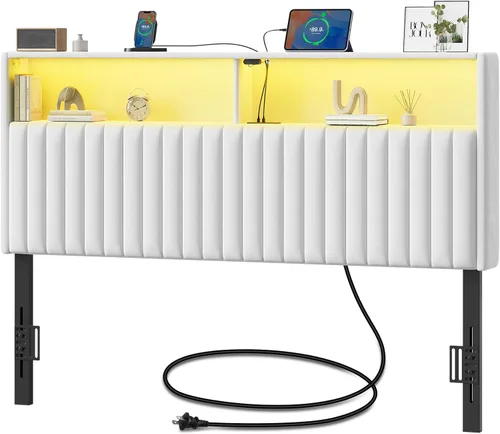 Rolanstar Cabecero para cama tamaño Queen con almacenamiento, cabecero tapizado de terciopelo con puerto USB y Type C, 60,000 colores DIY de luz