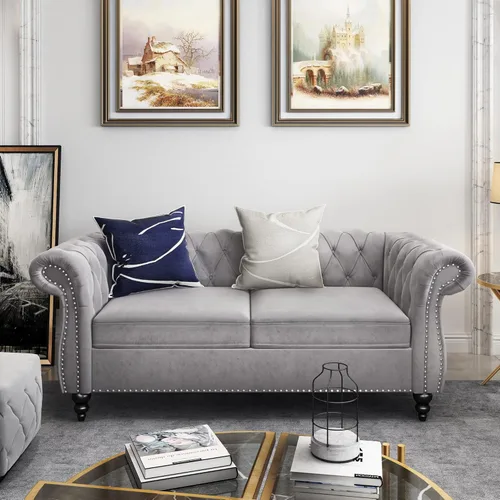Miniatura 22 de ORRD - Sofá Chesterfield de Terciopelo, Sofá Moderno de Terciopelo con 3 Asientos con Brazos Enrollados y Clavos para Sala de Estar, Dormitorio