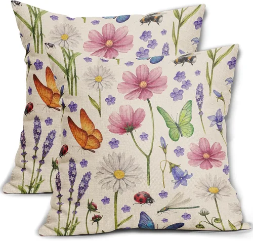 Miniatura 23 de Juego de 2 fundas de almohada de primavera de 16 x 16 pulgadas, diseño de conejo, flores rosas, hojas verdes salvia, plantas botánicas vintage