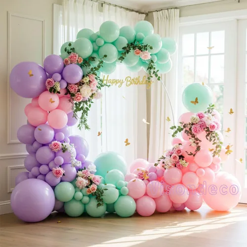 Miniatura 8 de Kit de arco de globos rosa, morado y verde menta, globos pastel de doble relleno con mariposas doradas para baby shower, cumpleaños de niña, tema