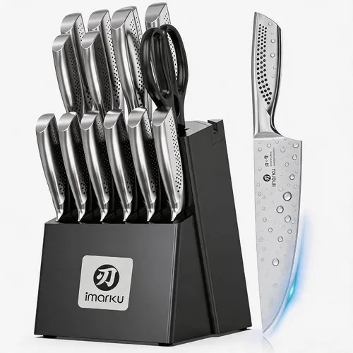 Miniatura 14 de imarku Juego de 14 cuchillos con bloque, juego de cuchillos de cocina de acero inoxidable japonés con afilador integrado, asas ergonómicas