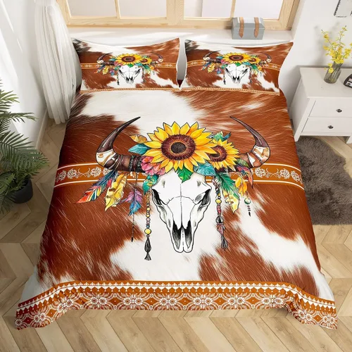 Miniatura 31 de Erosebridal Funda de edredón de piel de vaca marrón con estampado de vaca de las tierras altas, juego de ropa de cama occidental exótico azteca