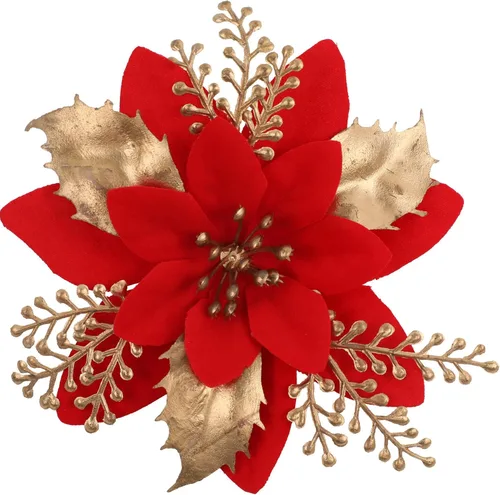 Miniatura 11 de 24 piezas de flores de Pascua doradas de 6 pulgadas para decoraciones de árbol de Navidad - Flores artificiales para adornos de árbol de Navidad