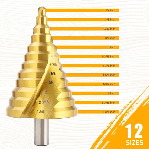 Miniatura 2 de Broca de Paso con Ranura en Espiral, 12 Escalones de Acero de Alta Velocidad 1/4" a 2-3/8", Brocas de Paso Grandes para Cortar Agujeros en Hierro