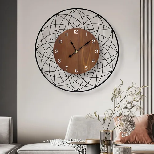 Miniatura 11 de Reloj de pared moderno de mediados de siglo de 24 pulgadas, diseño de metal de marco redondo con centro de madera de nogal, movimiento de cuarzo F