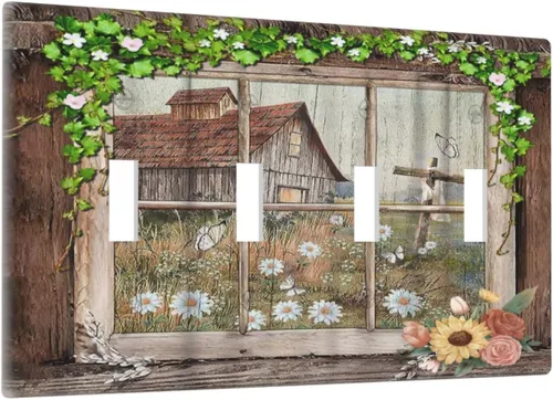 Miniatura 71 de Placa Cubierta de Interruptor de Luz de Palanca Individual con Diseño de Flor Botánica en Tablero de Madera Rústico Estilo Granja - Placa de Pared