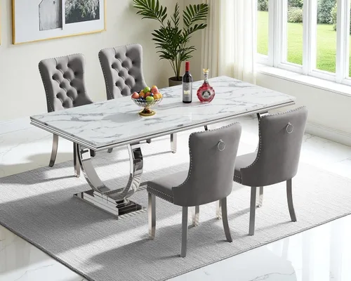 Miniatura 84 de Moderno juego de mesa de comedor de mármol sintético de 68.11 pulgadas para 6, mesa de comedor de mármol blanco y plateado con 6 sillas de Blanco