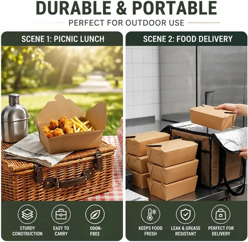 Miniatura 3 de Kaderron 80 piezas 26 oz (780 ml) contenedores de comida desechables para llevar, cajas de comida marrón, caja de papel kraft para llevar apta