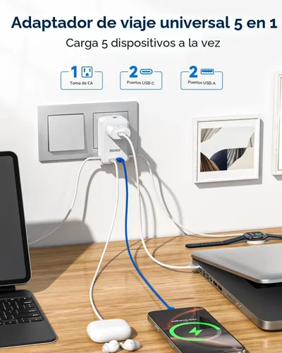 Miniatura 4 de DOACE Adaptador de viaje Pico de 45 W, adaptador de corriente universal de 5 puertos, 1 CA, 2 USB C y 2 USB-A, adaptador de enchufe internacional