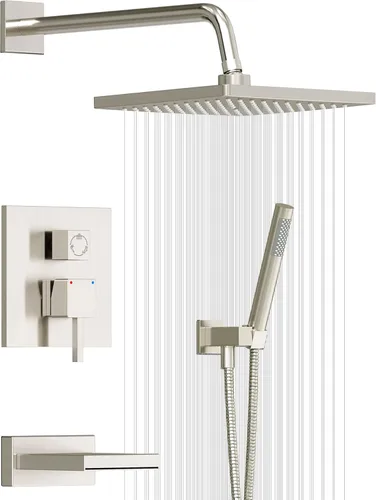 Esnbia Sistema de ducha con boquilla de bañera, juego de grifo de ducha montado en la pared, cabezal de ducha de lluvia de 10 pulgadas y cabezal de