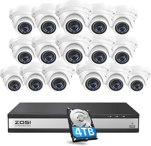ZOSI Sistema de cámara de seguridad POE 4K de 16 canales, cámara domo de metal CCTV de 16 x 5MP para exteriores e interiores, visión nocturna de 80